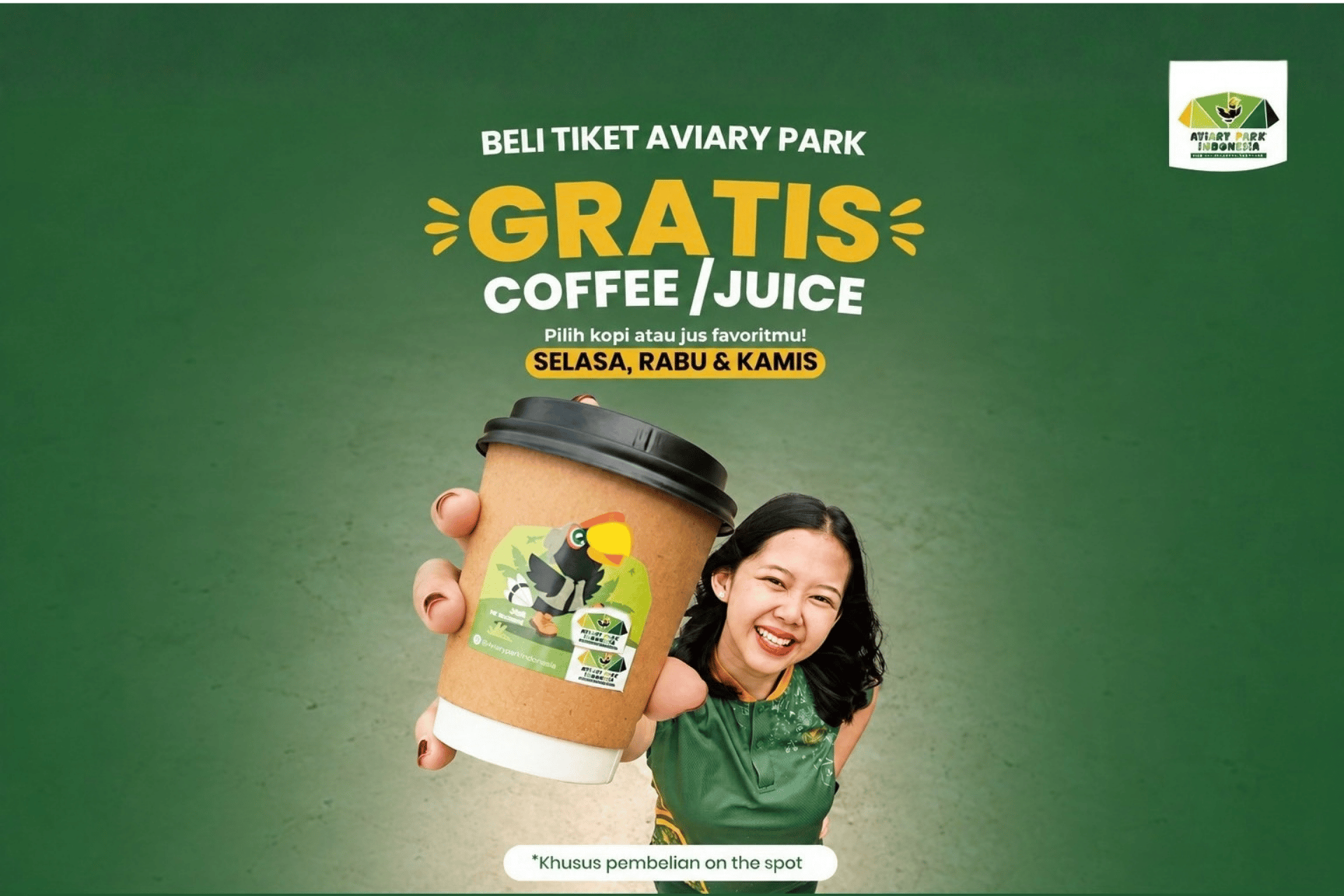 Beli Tiket Aviary Park Gratis Coffee atau Juice Setiap Selasa, Rabu & Kamis