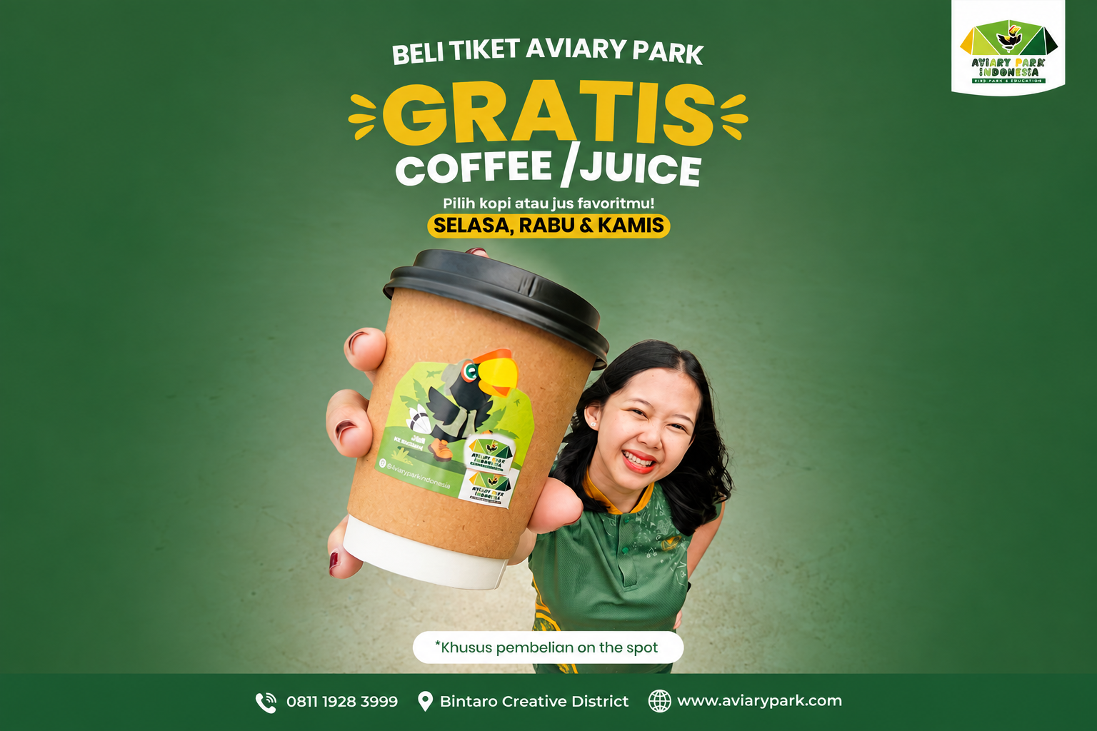 Beli Tiket Aviary Park Gratis Coffee atau Juice Setiap Selasa, Rabu & Kamis